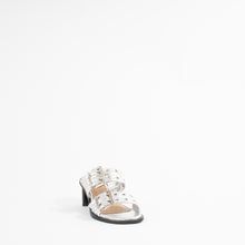 Load image into Gallery viewer, FEMININE BUCKLE HEEL MULE SANDAL | SILVER
