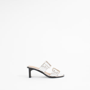 FEMININE BUCKLE HEEL MULE SANDAL | SILVER