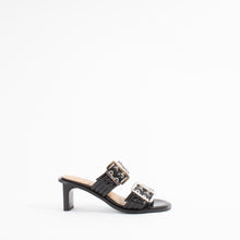 Load image into Gallery viewer, FEMININE BUCKLE HEEL MULE SANDAL | BLACK
